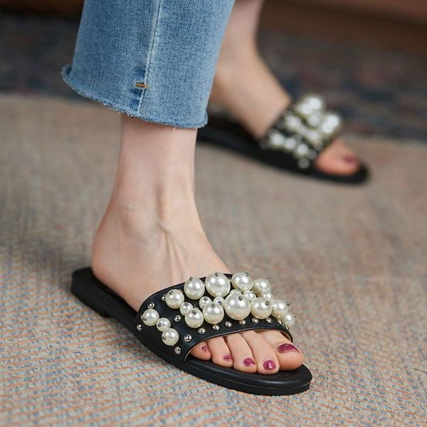 

luxury designer shoes women flip flops slippers summer open toe natural leather pearls rivets casual flats beach slides white, Black