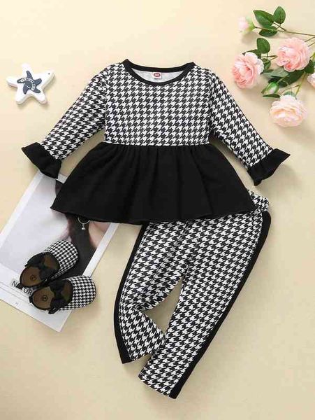

baby houndstooth flounce sleeve peplum hem & pants she, Blue