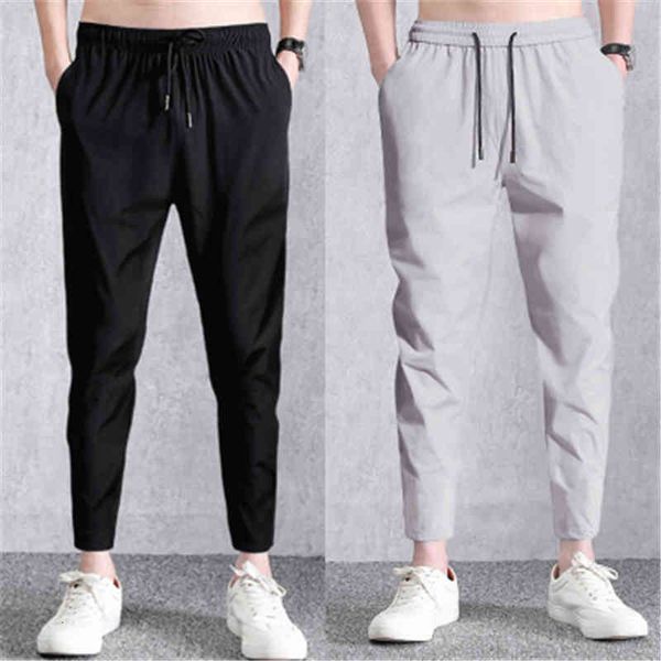 

men's pants mens solid colors sports fashion trend fitness middle waist ice silk sweatpants spring male drawstring elasticity running t, Black