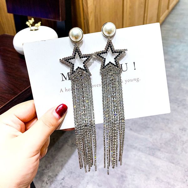 

925 silver needle pearl five pointed star long style exaggerated tassel earrings