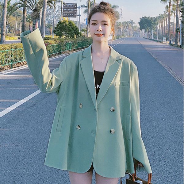 

women blue casual double breasted blazer notched long sleeve loose fit jacket fashion spring autumn 2f0600 210510, White;black