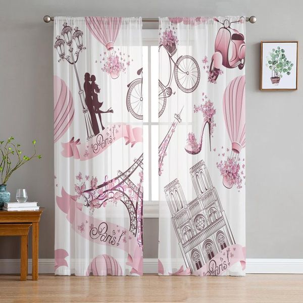 

curtain & drapes pink eiffel tower air balloon bicycle chiffon sheer curtains for living room bedroom decoration window voiles tulle