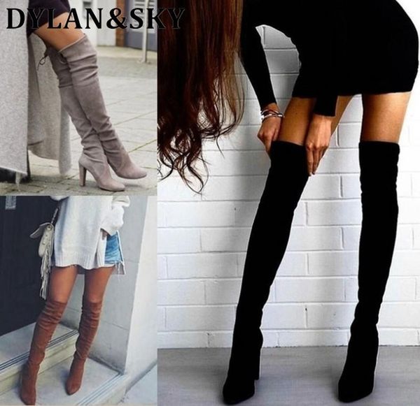 

boots fashion flock leather women over the knee lace up high heels autumn woman shoes winter size 34-43, Black