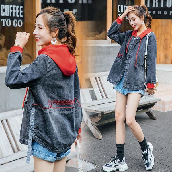 

women's wool & blends spring and autumn 2021 hooded splicing denim jacket korean fashion loose casual ins trend, Black