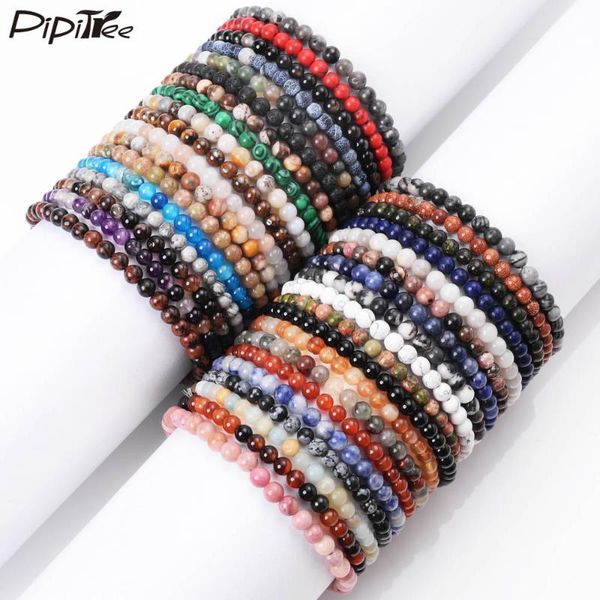 

charm bracelets pipitree 4mm mini energy natural stone beads bracelet agates handmade elastic yoga healing bangles for women men, Golden;silver