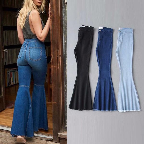 

women clothes 2021 stretch high waist big horn jeans slim trousers pants streetwear modis women's, Blue