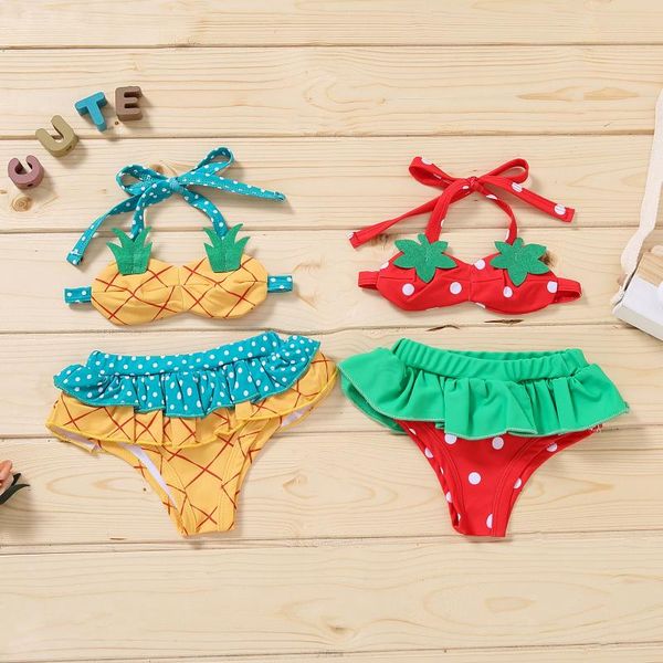 

summer baby girls strawberry swimsuit girl pineapple bikini sling swimwear kids children ruffles shorts bathing suit one-pieces, Black