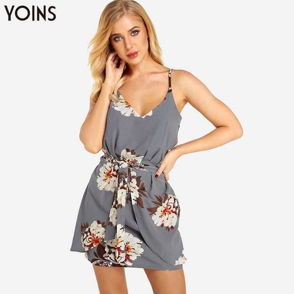 

bohemian floral print mini dress women strappy sleeveless casual solid party beach sundress 2021 summer belted robe dresses, Black;gray