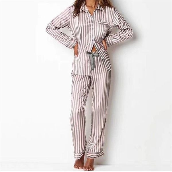 Pigiama in raso a maniche lunghe per le donne Pigiama da notte a righe Set pigiama autunno inverno Abbigliamento da salotto Homewear Dropshipping 210330