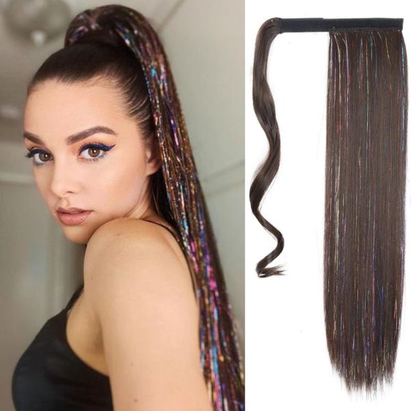 

synthetic wigs merisihair long straight ponytail hairpiece wrap on clip hair brown tinsel laser colored fack, Black