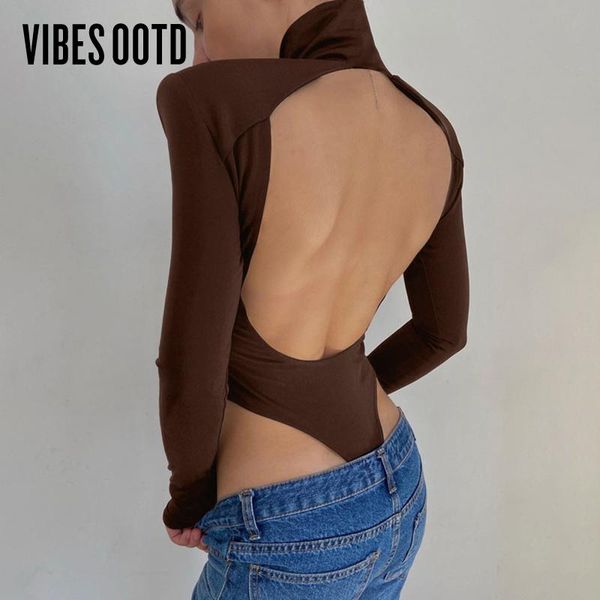 

women's jumpsuits & rompers vibesootd elegant turtleneck backless bodysuits 2021 spring club party one piece outfits high waist bod, Black;white