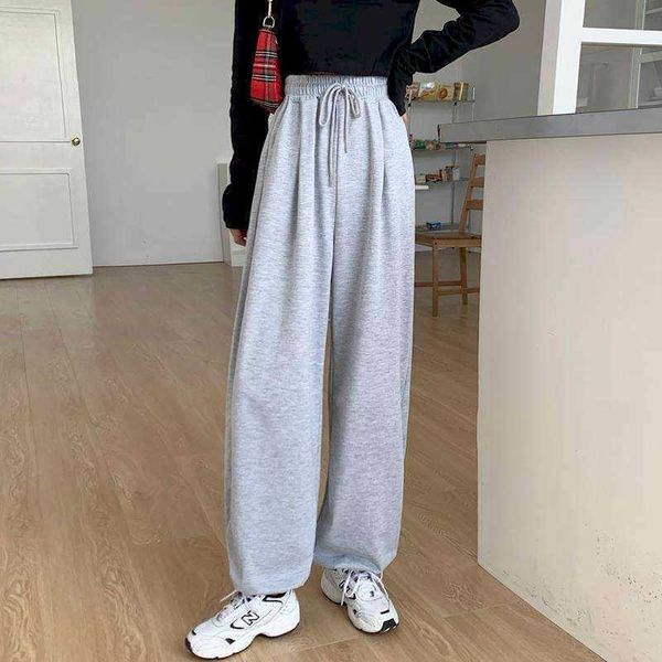 

punk solid trousers women pants bottom autumn high-waisted straight loose and thin gray sports wide-legged casual 210526, Black;white