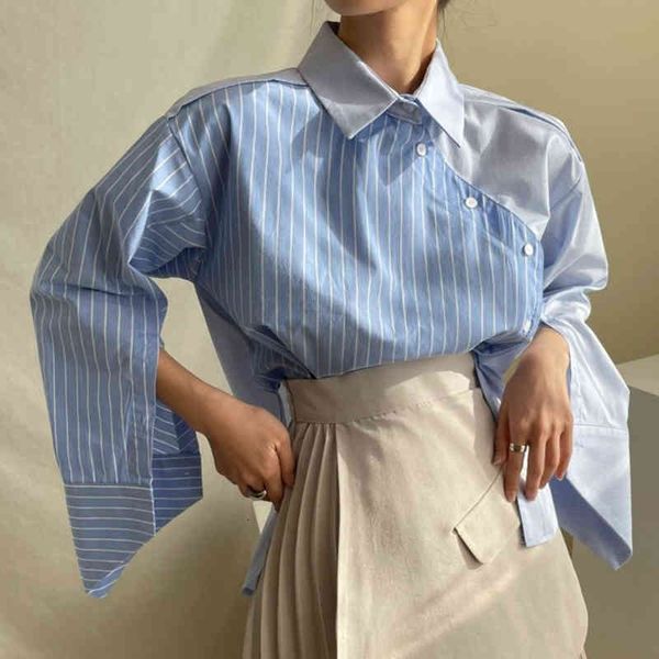 

women's blouses & shirts [ewq] spring autumn women casual blouse asymmetrical single breasted turn-down collar long-sleeved panelled st, White