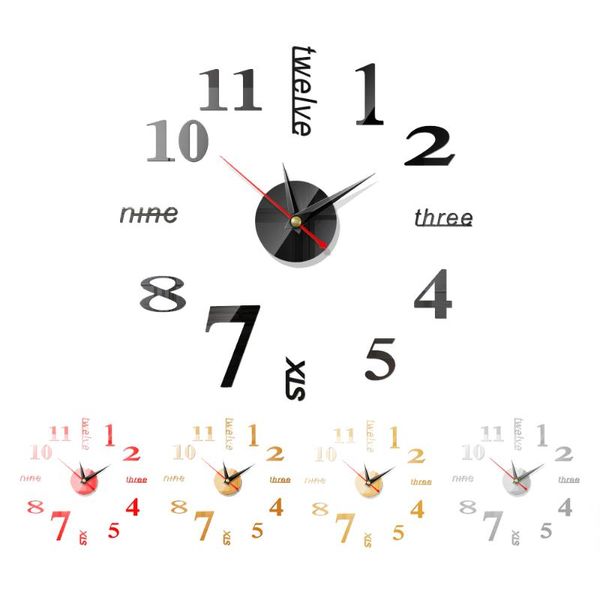 

wall clocks diy interest digital 3d creative mirror surface sticker silent clock home office decor for bedroom