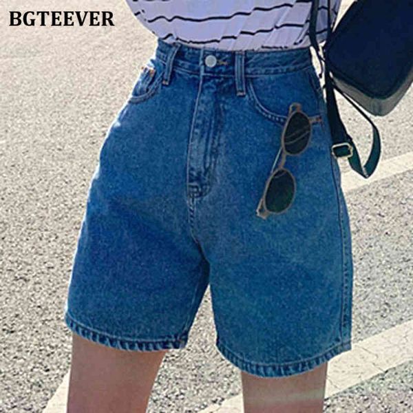 

bgteever casual waist straight jeans summer pockets loose female blue denim shorts ladies high street bottoms 2021, White;black