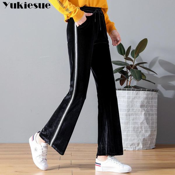 

women's pants & capris wide leg for women high waist elastic plus size casual striped velvet flare female trousers pantalon femme, Black;white