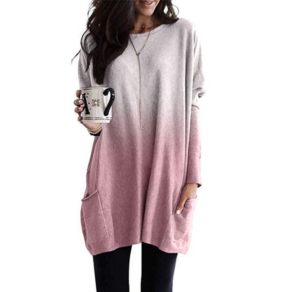 

oversized loose t shirts dress women's gradient shading shift vestidos s-5xl long sleeve pocket bandhnu blooming clothing casual dresse, Black;gray