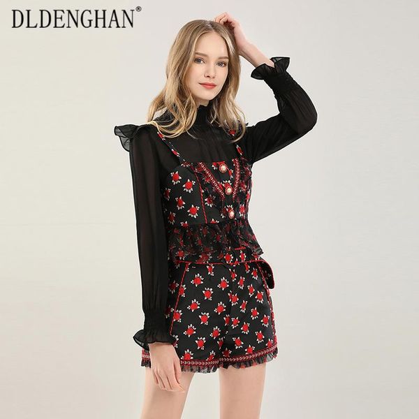 

women's tracksuits dldenghan fashion floral embroidery sets women sling turtleneck long sleeve blouses+shorts three piece set spring su, Gray