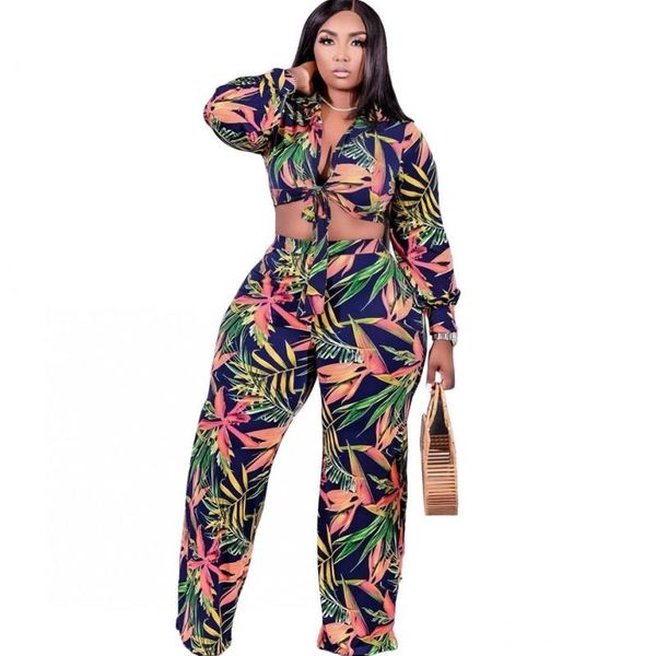 

plus size tracksuits 4xl 2 piece sets women lace up blouse crop outfits fashion floral print wide leg pant office lady suits 2021, Black