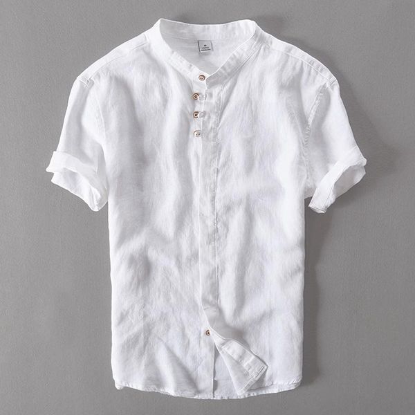 

men's casual shirts 2022 100% linen solid short sleeve shirt thin summer slim fit clothing male stand collar dress, White;black
