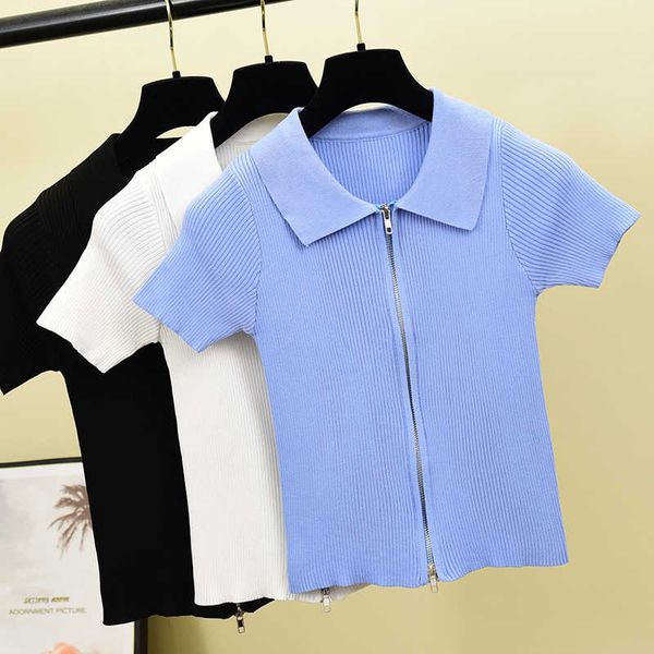 

summer pull sweater women slim thin fashion turn down collar zipper crop sweaters female causal korean knit 210602, White;black