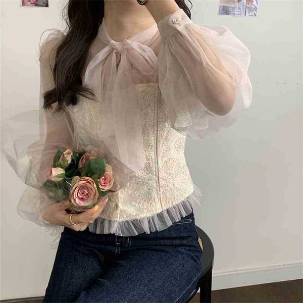 

chic patchwork lace women shirts loose elegance all match mesh female sweet high street blouses 210525, White