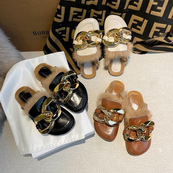 

winter lady fashion british style flat shoes chain decoration casual plush slippers warm outside brown size 33-40, Black