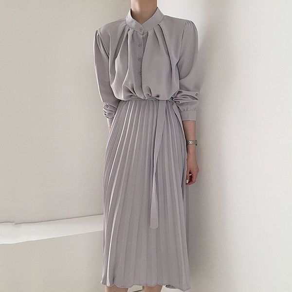 

spring autumn ladies korean minimalist stand-up collar single-breasted high waist over-the-knee pleated dress women 210510, Black;gray