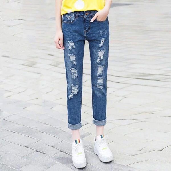 

women's jeans holes ripped casual vintage washed harajuku womens denim trousers korean harem streetwear high waist pants, Blue