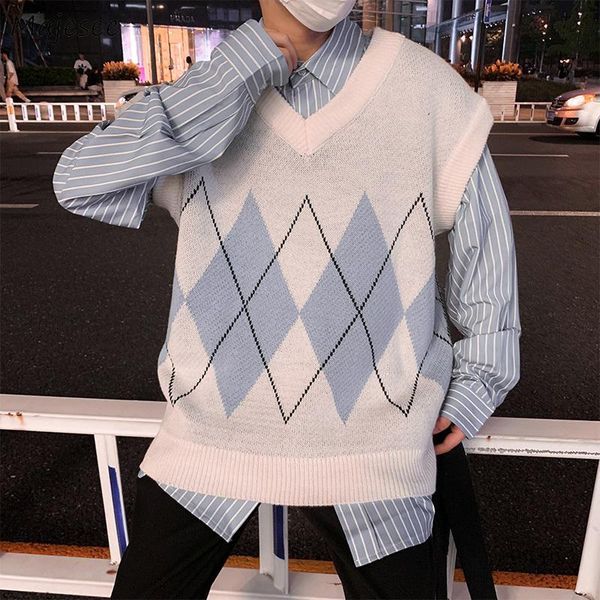 

men's vests argyle sweater men preppy style knitted fashion v-neck autumn sleeveless soft males jumpers couple oversize, Black;white