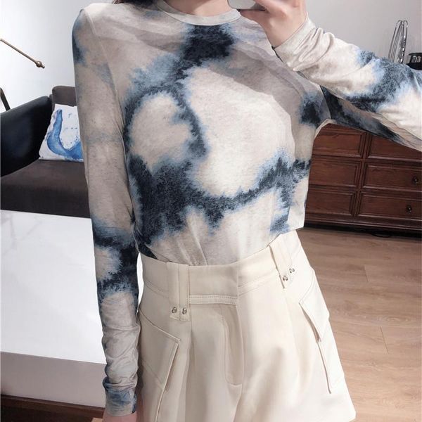 

ink print tie-dye t-shirt women o-neck long sleeve slim stretch bottoming women's, White
