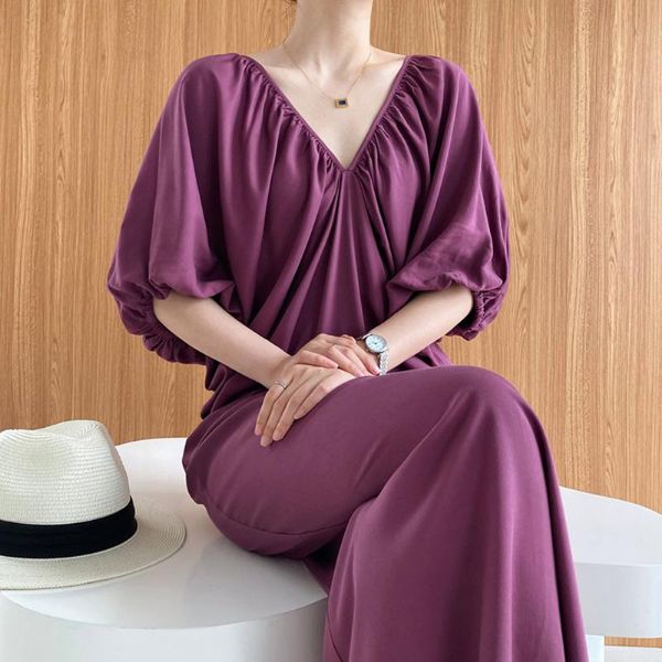 

casual dresses french fashion niche summer wear lazy wind loose pants show thin bat sleeve v neck back dress, Black;gray