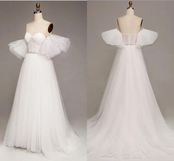 

modest juliet short sleeve wedding dress beach off shoulder doll tulle beaded belt open back bohemian bridal dresses womens party formal, White