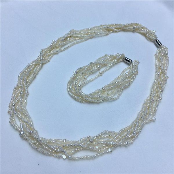 

earrings & necklace habitoo luxury 7 strands 3-4mm natural white cultured freshwater pearl 20inch bracelet 8 inch jewelry for fashion women, Silver