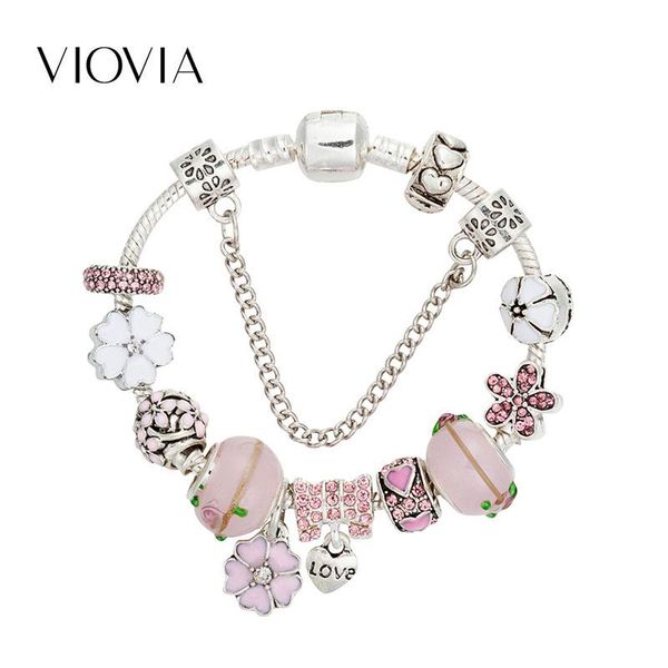 

charm bracelets viovia elegant jewelry gift fashion pink charms bracelet & bangles black flower beads for women diy girl b18019, Golden;silver