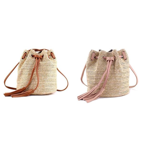 

evening bags 2 pcs shoulder bag ladies fabric summer beach with tassels weaving crossbody women,brown & pink