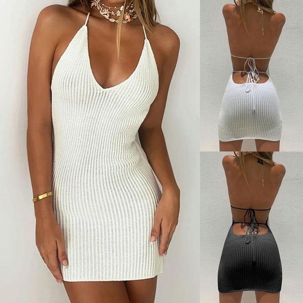 

spaghetti strap mini knitted dress women backless cross bandage bodycon party ribbed stretch short club dresses d30 casual, Black;gray