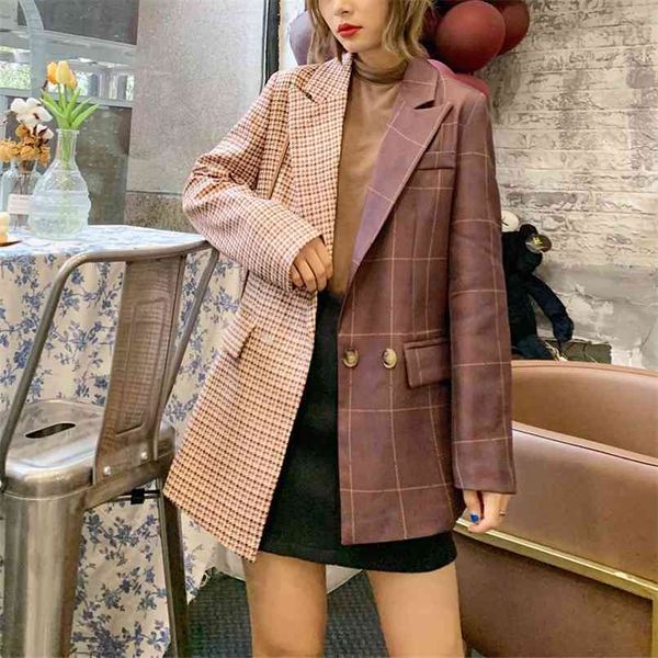 

spring and autumn women's suit casual plaid stitching pocket decoration 210430, White;black
