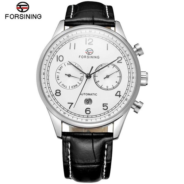 

wristwatches forsining brand man watch luxury auto self-wind mechanical wristwatch leather strap complete calendar watches, Slivery;brown