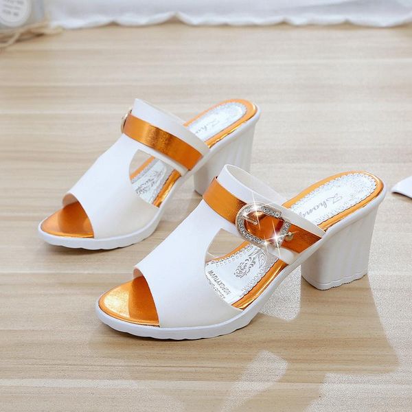 

dress shoes women sandals summer fashion peep toe casual slippers thick heel slip on crystal mixed color, Black