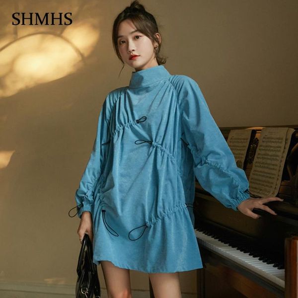 

casual dresses fashion high neck pullover dress 2021 spring solid color irregular drawstring folds raglan sleeves street loose women, Black;gray