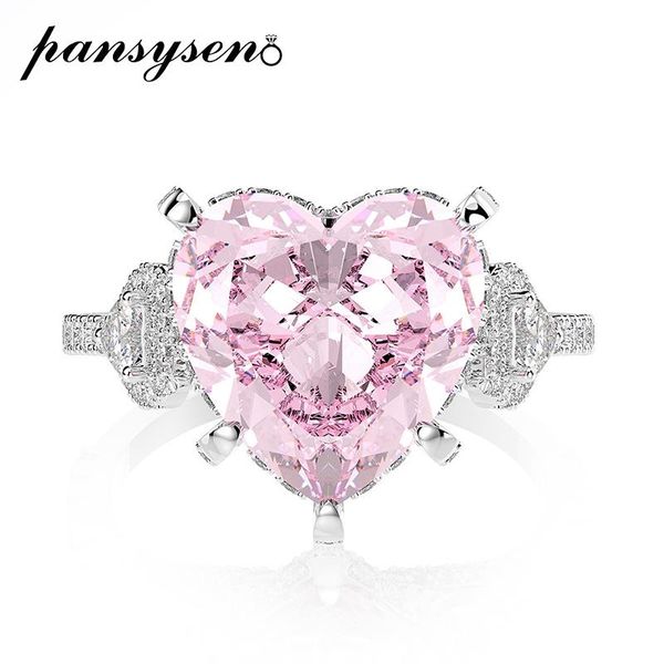 

cluster rings pansysen romantic 12mm heart 100% 925 sterling silver sapphire simulated moissanite diamond wedding engagement ring fine jewel, Golden;silver