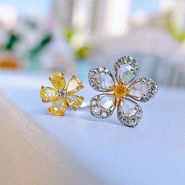 

elegant flower petal rings for women claw inlay yellow white shiny crystal wedding band ring party accessories open jewelry, Slivery;golden