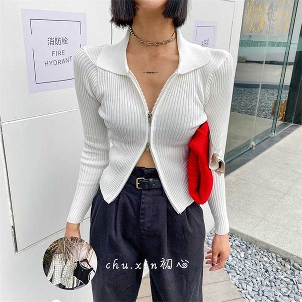 

jmprs zipper women cardigans sweater autumn long sleeve corpped knitted fashion female casual slim blouse 211011, White;black