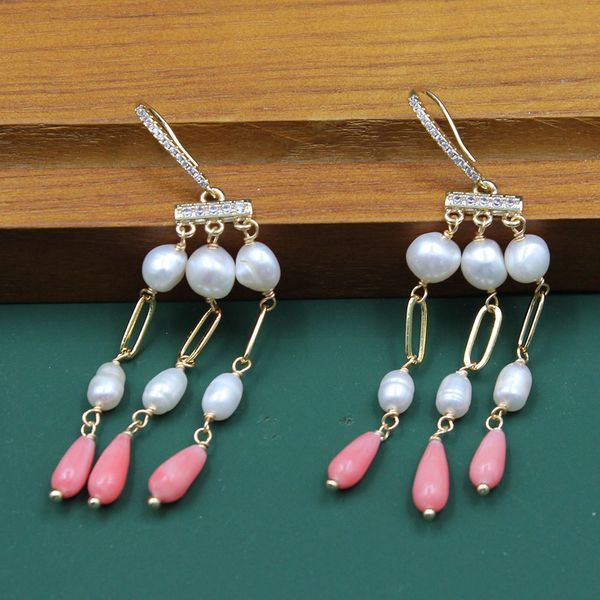 

guaiguai jewelry natural white pearl pink coral cz pave hook earrings for women lady jewelry gift, Silver