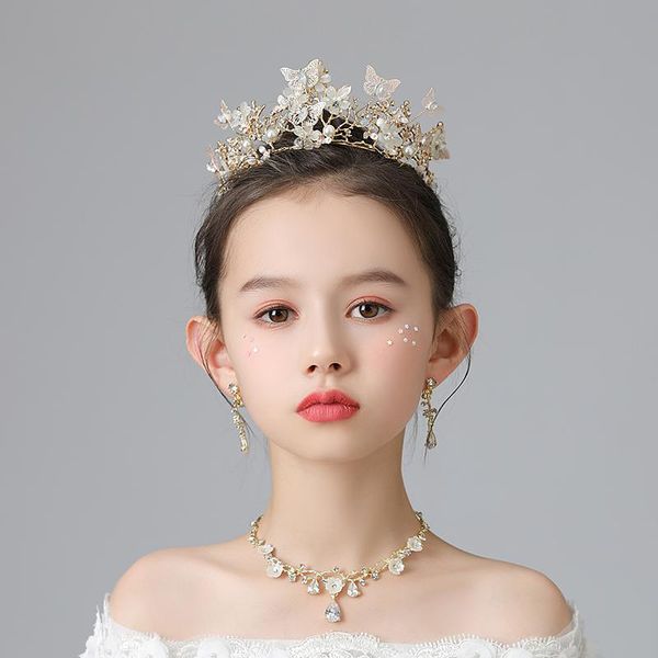 

hair clips & barrettes luxury gold kid tiaras and crowns butterful crystal wedding party pearl children bridal accessories headdress hairban, Golden;silver