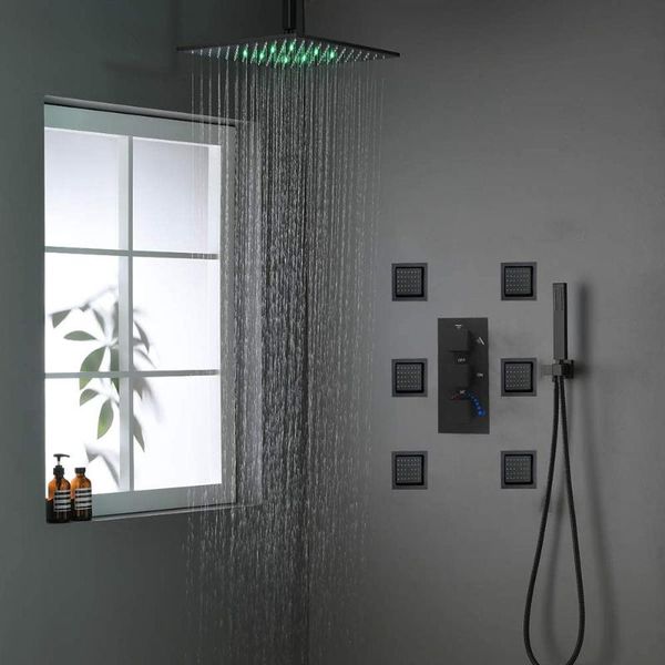 

shower system 16 inch led rainfall head with 6 pcs body jets set bathroom brass ceiling mounted matte black sets
