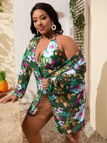 

2pack plus floral print one piece swimsuit with kimono x5rl#, Black