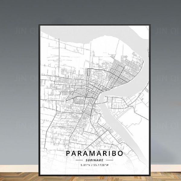

paintings black and white paramaribo suriname latitude longitude canvas art map poster minimalist painting