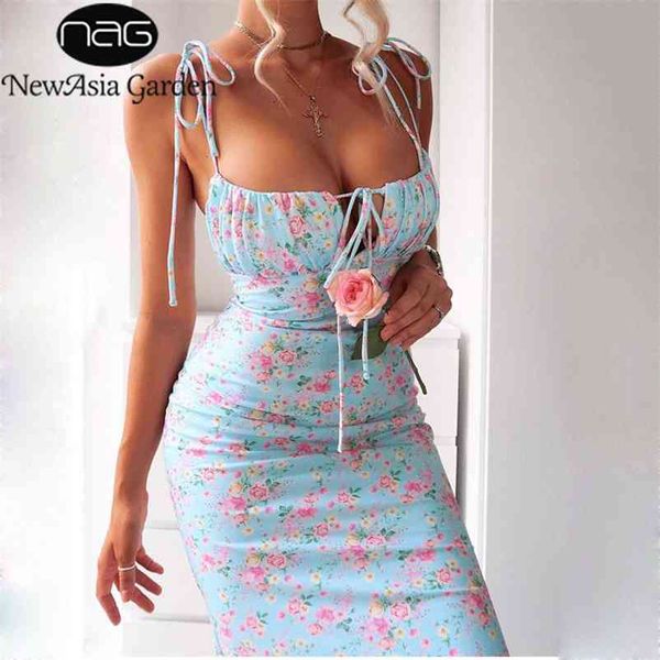 Newasia verão mulher azul vestido floral sexy backless bandagem sem mangas ruched maxi vestidos para mulheres festa chique senhora roupas 210331